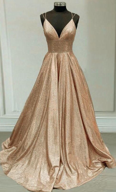 Sparkly prom dresses champagne gold ball gown v neck with multi straps ,DS4077