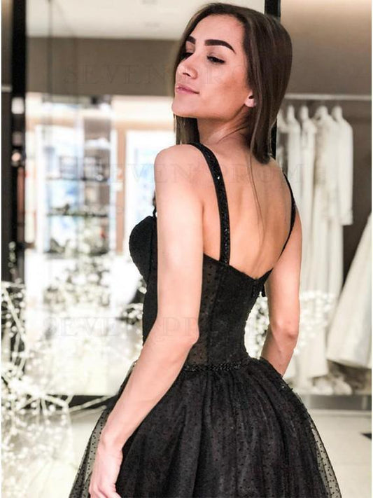 A-Line Spaghetti Straps Long Prom Dress Sleeveless Black Evening Dress,DS3644