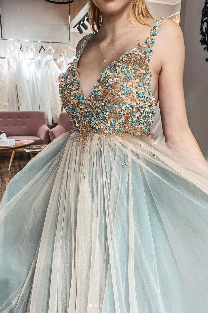 Unique v neck tulle lace long prom dress tulle formal dress,DS2327
