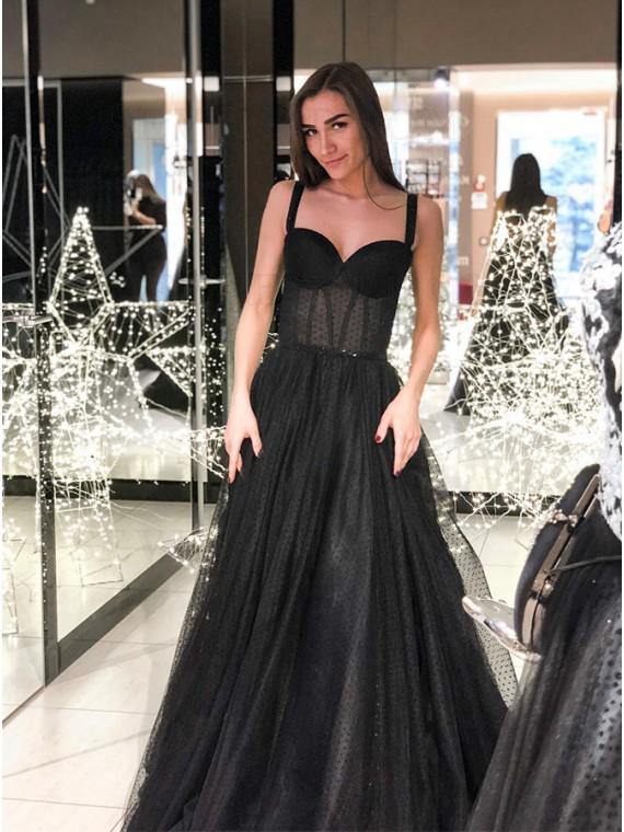 A-Line Spaghetti Straps Long Prom Dress Sleeveless Black Evening Dress,DS3644