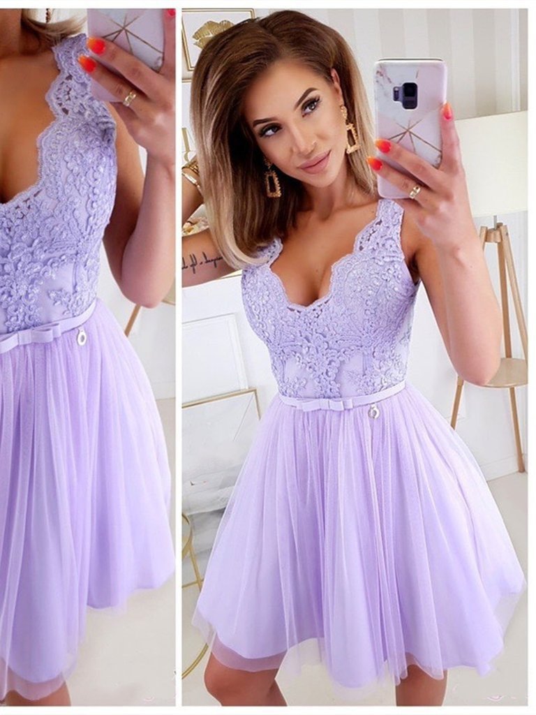 V Neck Purple Lace Short Prom Homecoming Dresses, Purple Lace Formal Graduation Evening Dresses ,DS0979