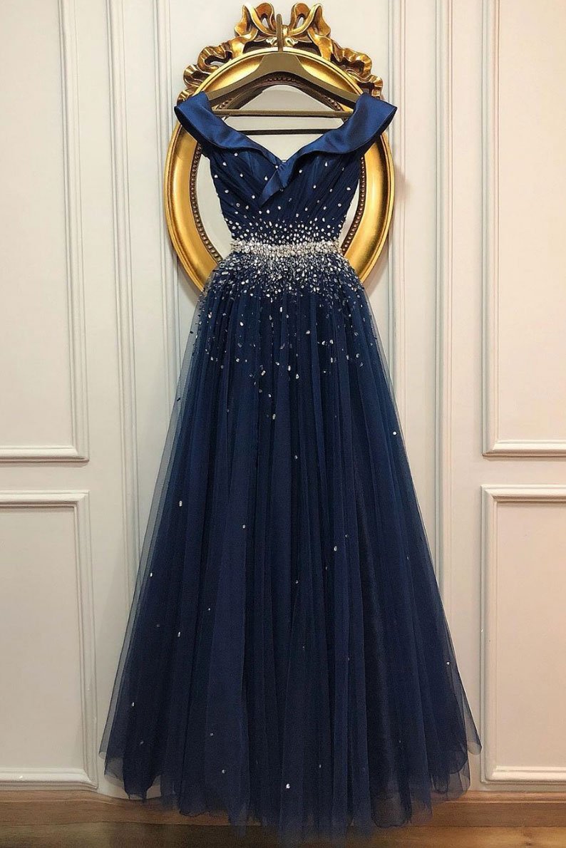 Dark blue tulle sequin long prom dress, tulle evening dress,DS2416