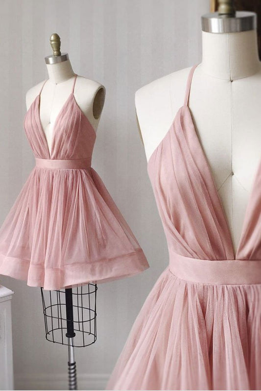 Simple v neck tulle pink short prom dress pink bridesmaid dress,DS1163