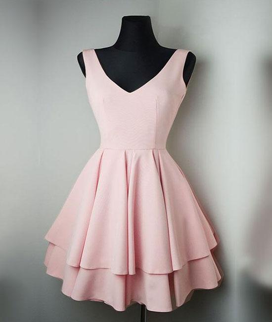 Cute v neck pink short prom dress. pink homecoming dress,DS1320