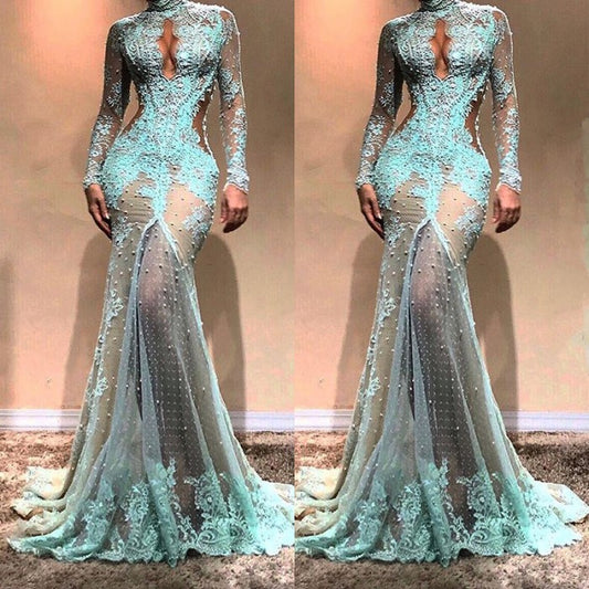 Sexy Lace Pearls Long Sleeve Evening Dress | Keyhole Evening Gown,BD1485