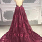V Neck Burgundy Backless Lace Prom Dresses, Burgundy Backless Lace Evening Dresses,DS1787