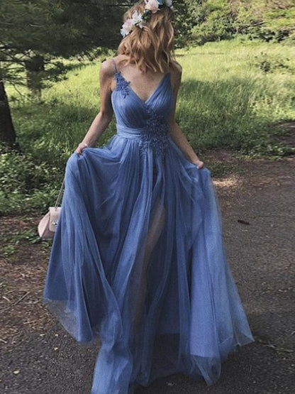 Simple v neck blue tulle long prom dress, blue tulle formal dress,DS1933