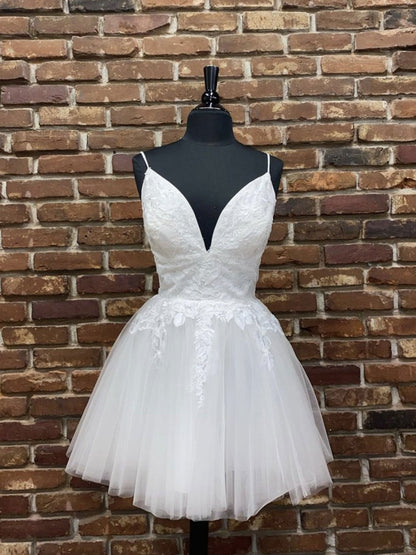 White v neck tulle lace short prom dress, white homecoming dress,DS1142