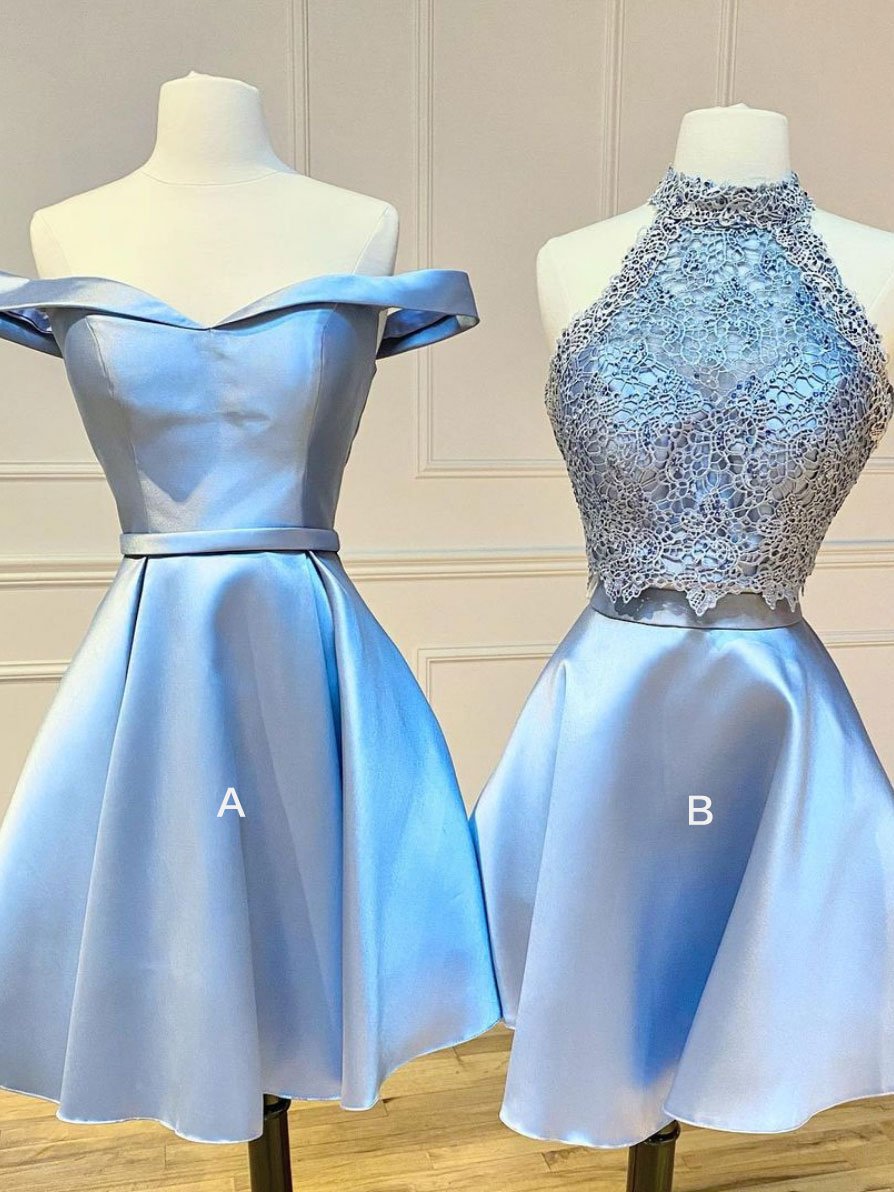 Blue lace satin short prom dress, blue homecoming dress ,DS0945