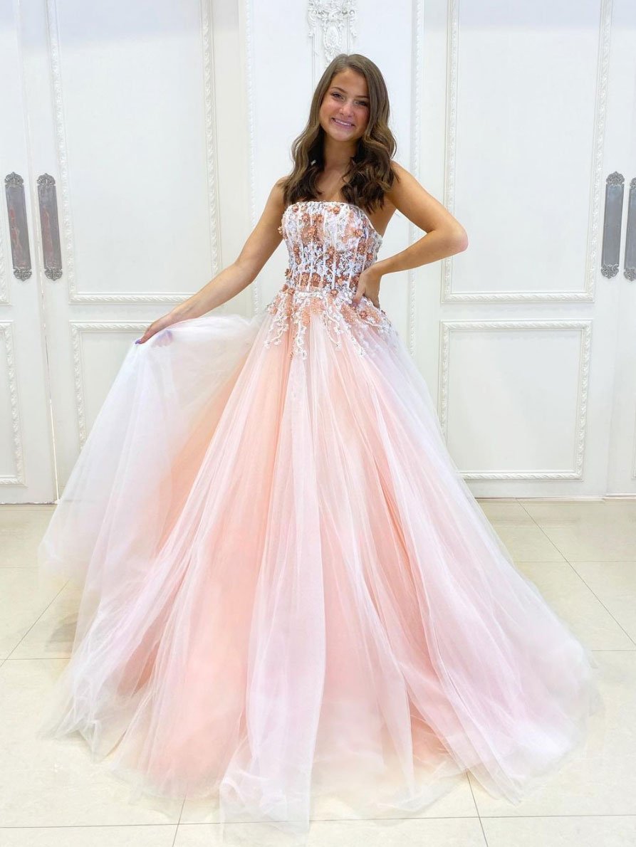 Pink A-line tulle lace long prom dress pink lace long evening dress,DS2003
