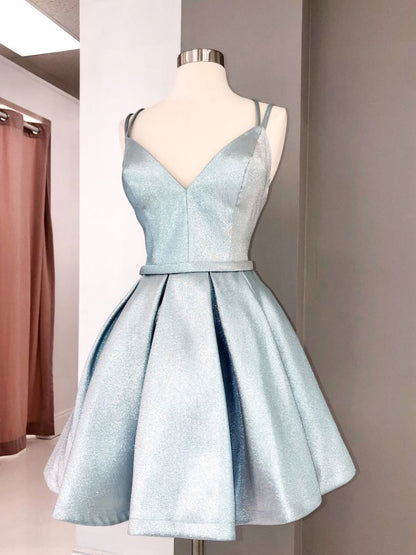 Simple blue v neck satin short prom dress, blue homecoming dress,DS1144