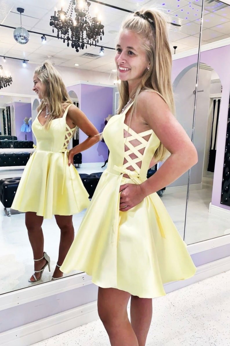 Yellow sweetheart satin short prom dress yellow cocktail dress,DS1155