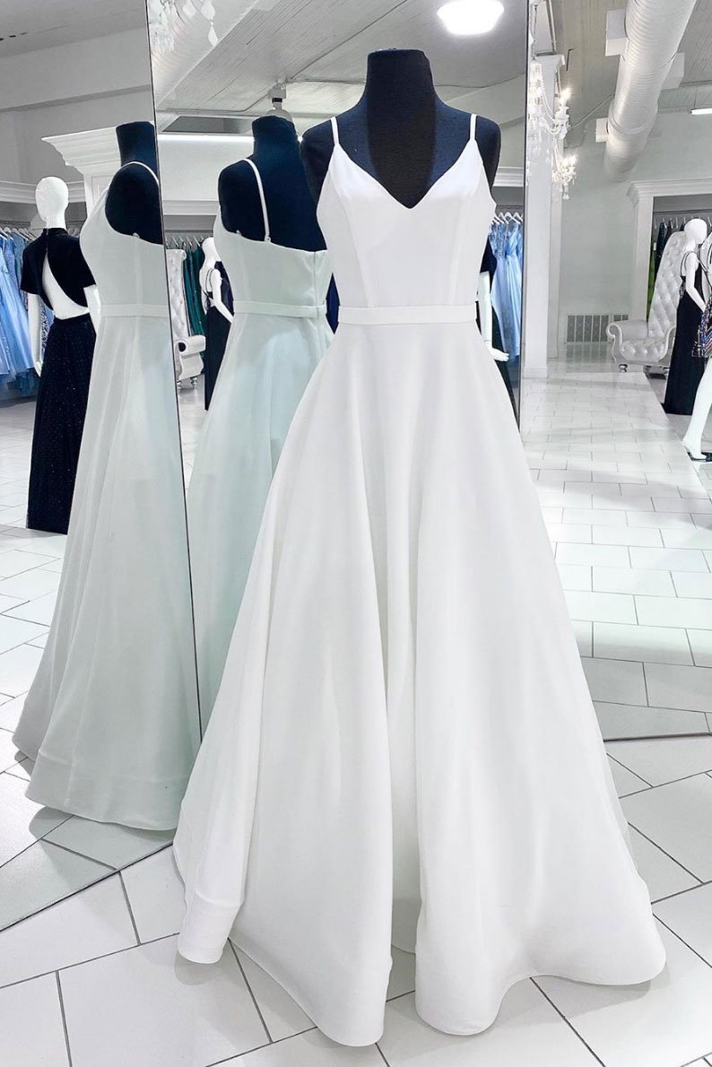 White v neck satin long prom dress white evening dress,DS2115