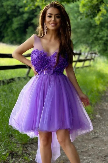 Hi-Low Illusion Neck Purple Short Homecoming Dress with Flowers ,DS0938