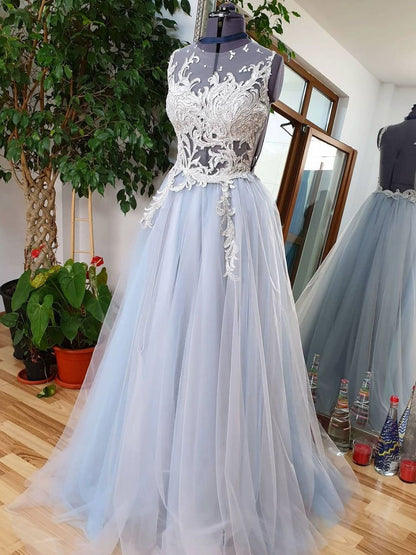 Blue round neck tulle lace long prom dress, blue tulle lace evening dress,DS1934