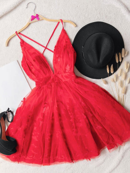 Red v neck tulle lace short prom dress, red homecoming dress,DS1149