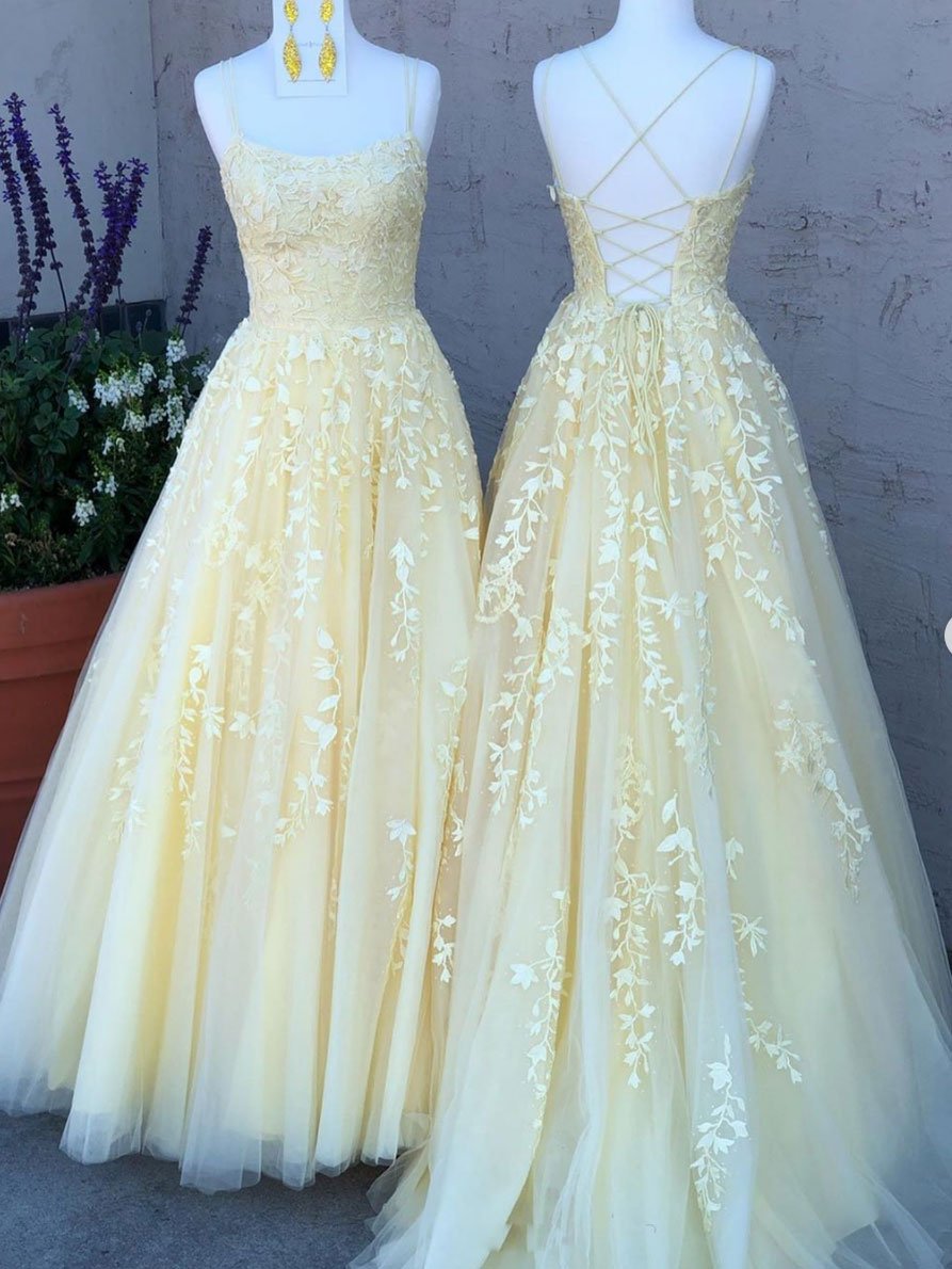 Yellow tulle lace long prom dress, yellow tulle lace formal dress,DS1946