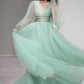 Green v neck tulle sequin long prom dress, green evening dress,DS1924