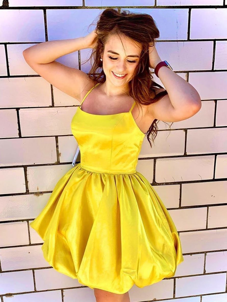 Simple yellow satin short prom dress yellow homecoming dress,DS1161