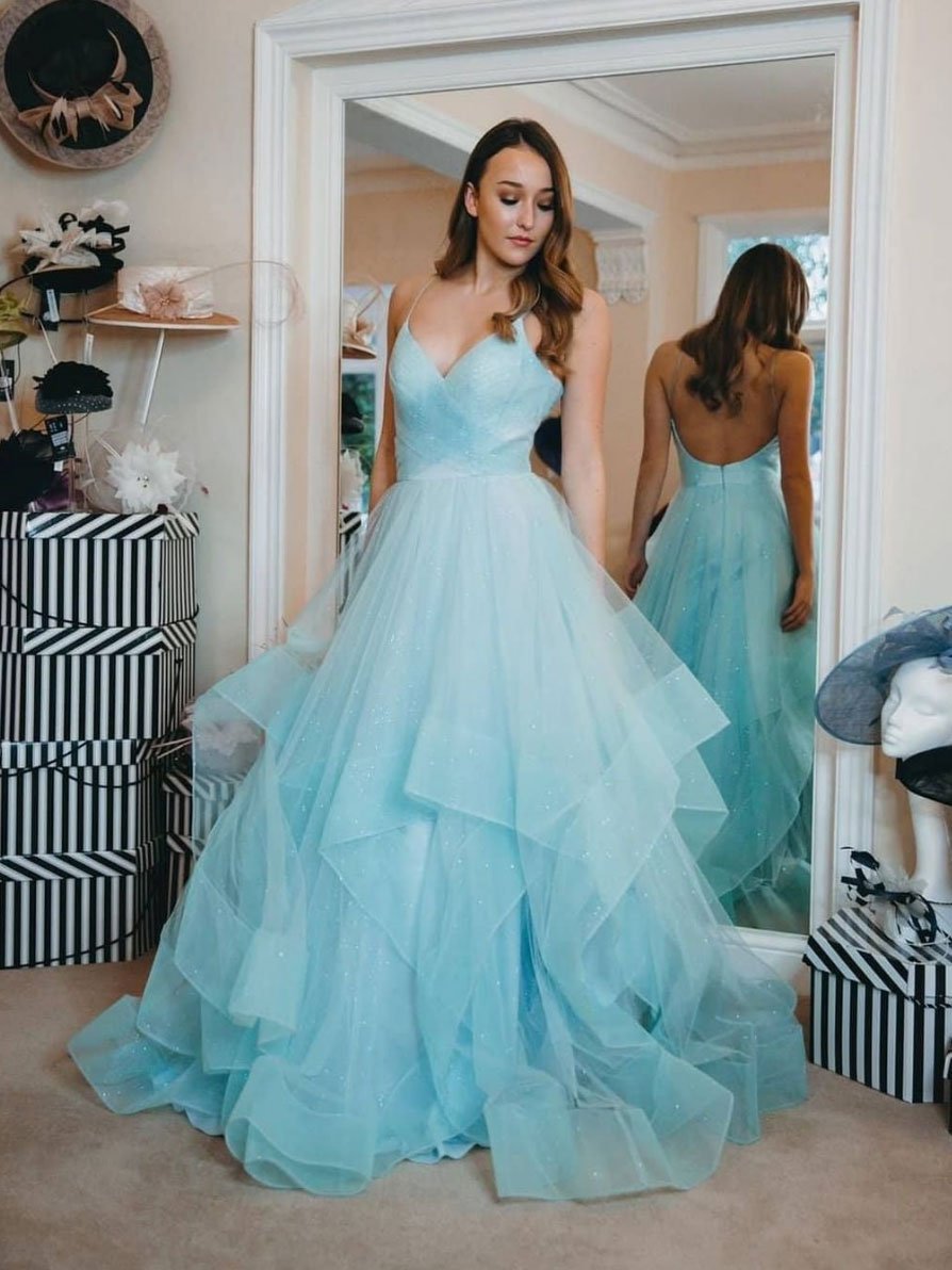 Simple blue tulle long prom dress, tulle formal dress,DS1935