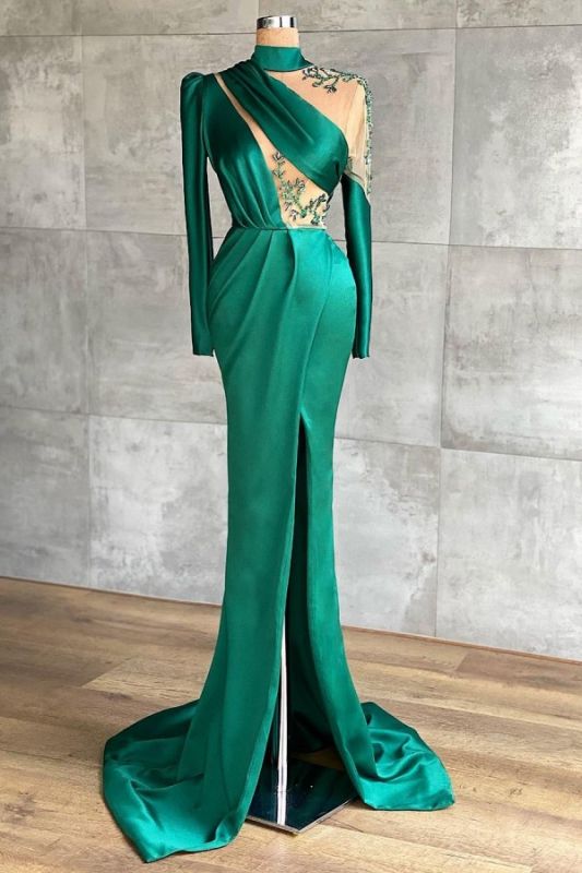 Vintage Long Sleeves Jade Appliques Ruffles Mermaid Evening Dresses,DS2778