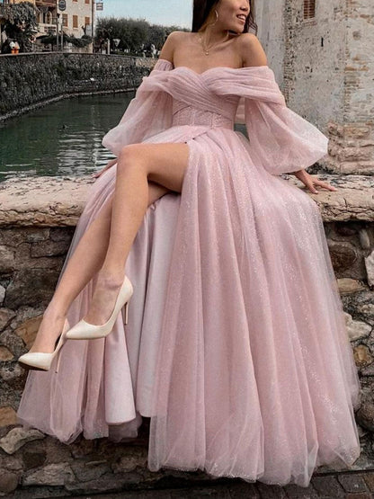 PINK TULLE LONG PROM DRESS, PINK TULLE LONG EVENING DRESS,F04765