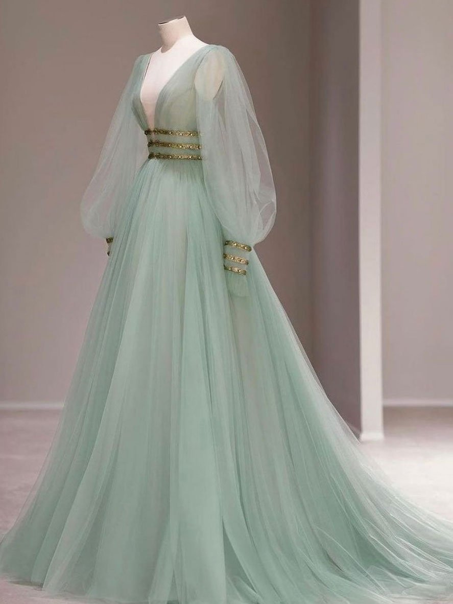 Green v neck tulle sequin long prom dress, green evening dress,DS1924