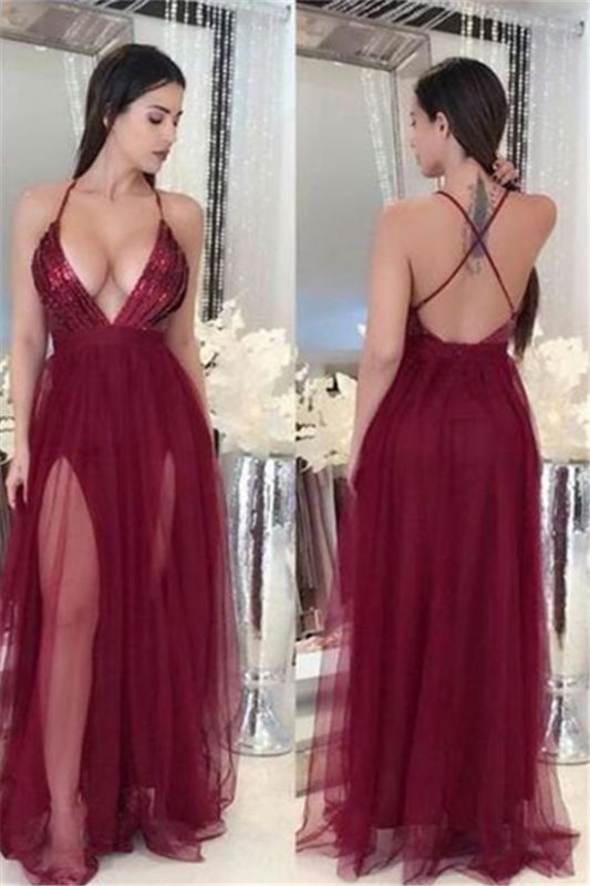 Sexy Deep V-Neck A-line Prom Dresses 2022 Open Back Side Slit Evening Dresses,DS2934