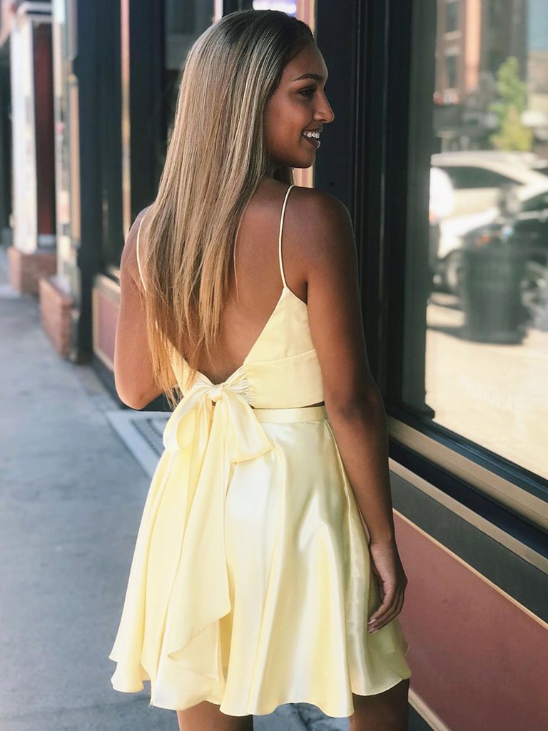 Simple yellow v neck satin short prom dress, yellow homecoming dress,DS0951