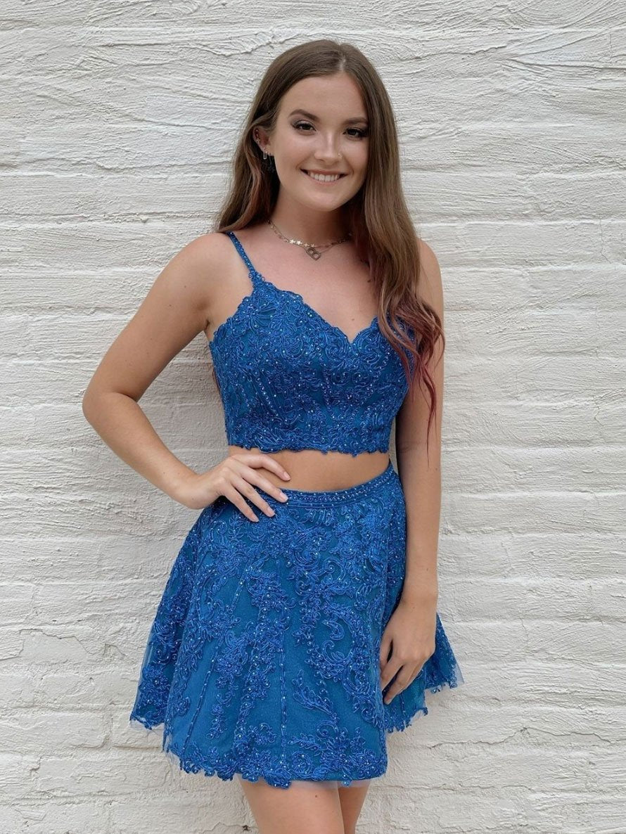 Blue two pieces lace short prom dress, blue lace homecoming dress,DS1963