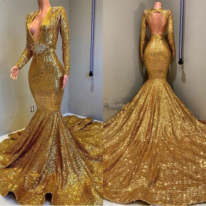 Gorgeous Gold Sequins Long Sleeves Prom Dress Mermaid Deep V-Neck,DS4647