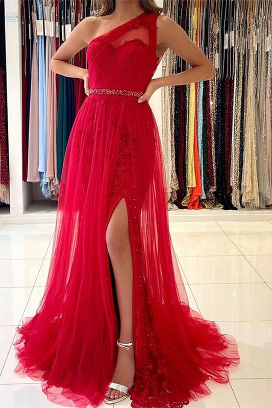 Stunning One Shoulder Red Tulle Prom Dress Lace With Slit,DS3233
