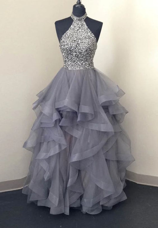 Gray tulle beads long prom dress evening dress,DS4048