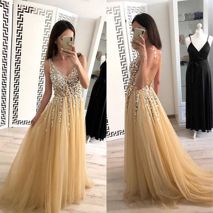 V Neck Backless Yellow Prom Dresses, V Neck Yellow Backless Formal Graduation Evening Dresses,DS1812