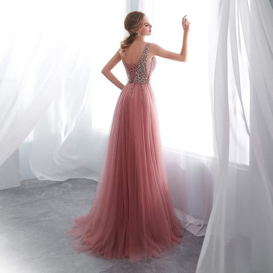 A Line V Neck Pink Tulle Prom Dress with Corset Back, Pink V Neck Formal Dresses, Graduation Dresses,DS1819