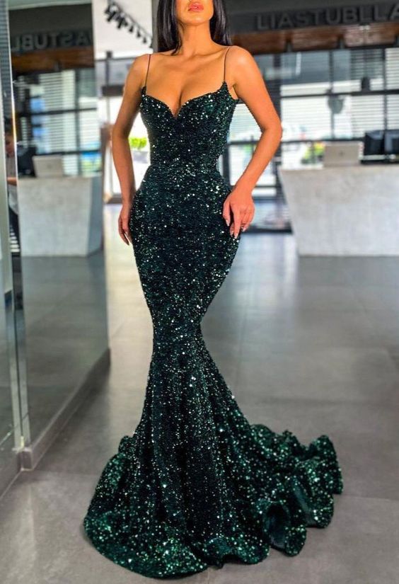 Dark Green Sequins Prom Dress Mermaid Evening Gowns With Spaghetti-Straps,DS4222
