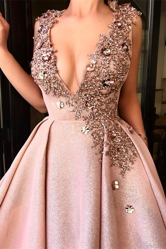 Sexy Deep V-Neck Sleeveless Prom Dresses 2022 | Glamorous A-Line Crystal Evening Dresses Long,DS2923