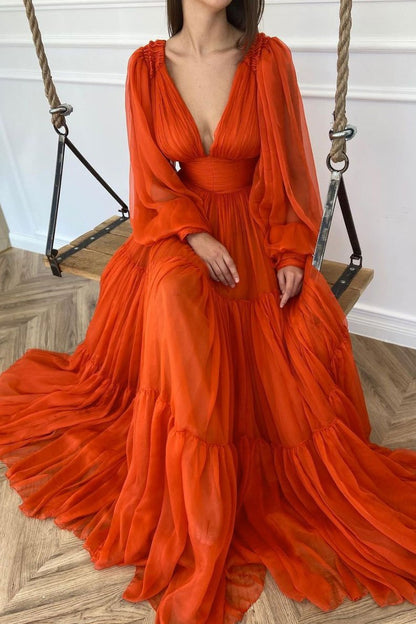 Orange v neck chiffon long prom dress orange evening dress,DS2088