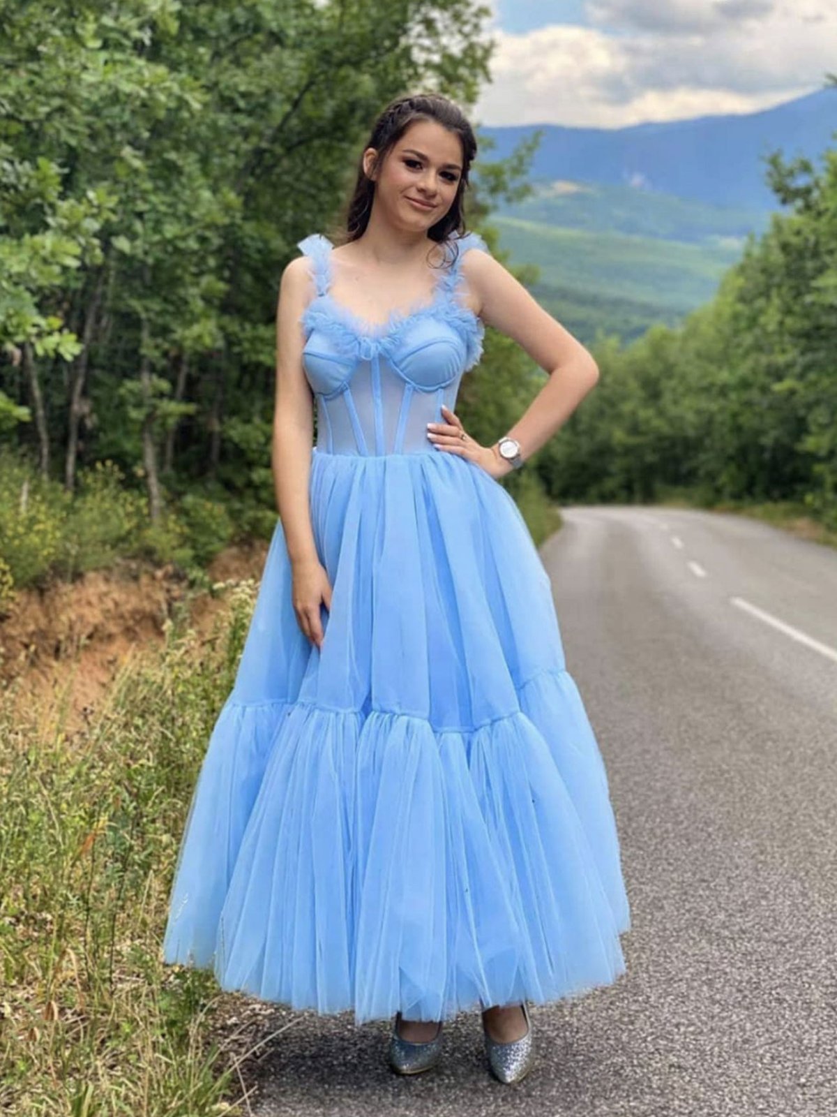 Blue sweetheart neck tulle tea length prom dress, blue homecoming dress,DS1965