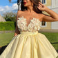 Cute Strapless Yellow Short Homecoming Dress with Flowers,DS0935