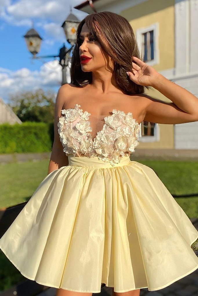 Cute Strapless Yellow Short Homecoming Dress with Flowers,DS0935