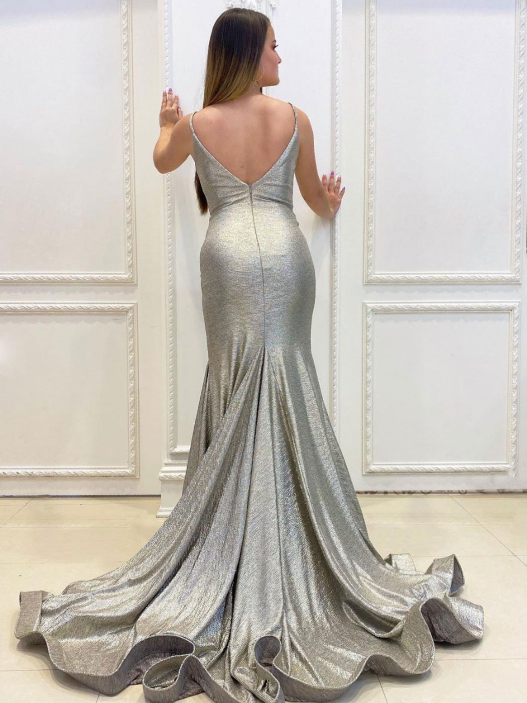 Simple gray v neck mermaid long prom dress, mermaid evening dress,DS1937