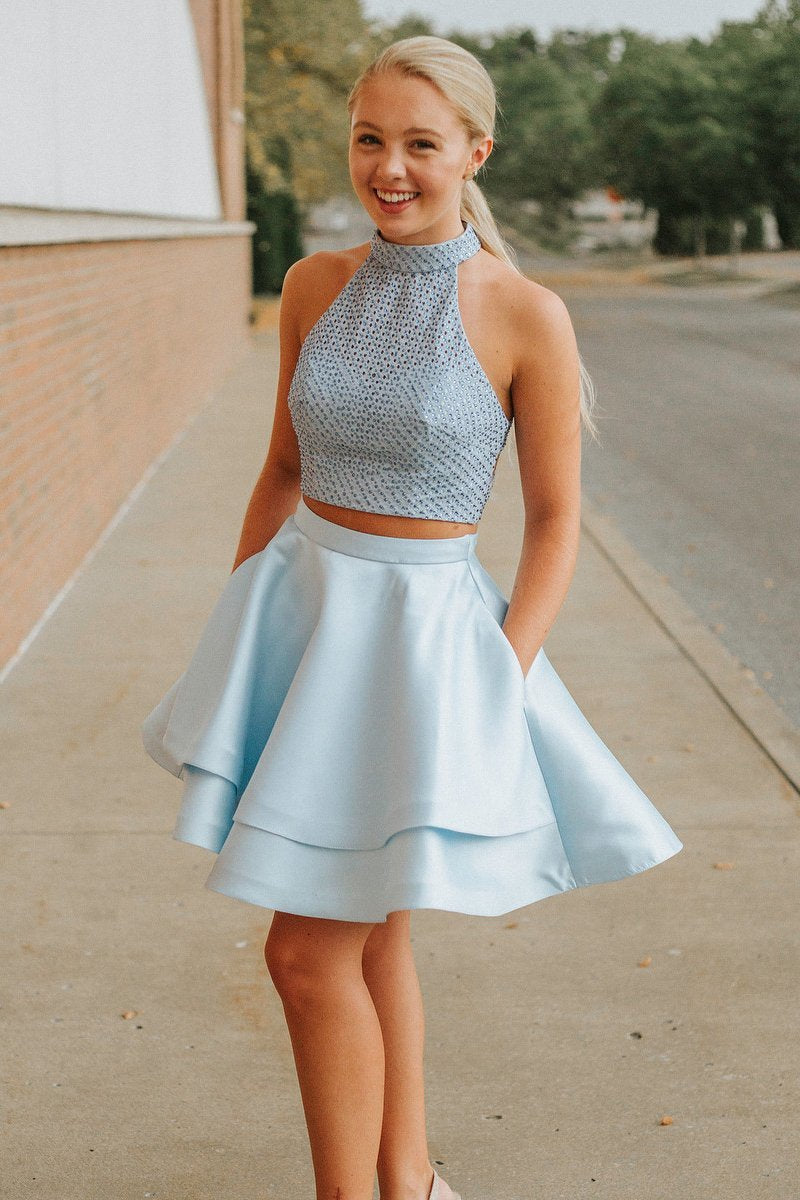 Two Piece Short Light Sky Blue Homecoming Dress with Pockets,DS0912