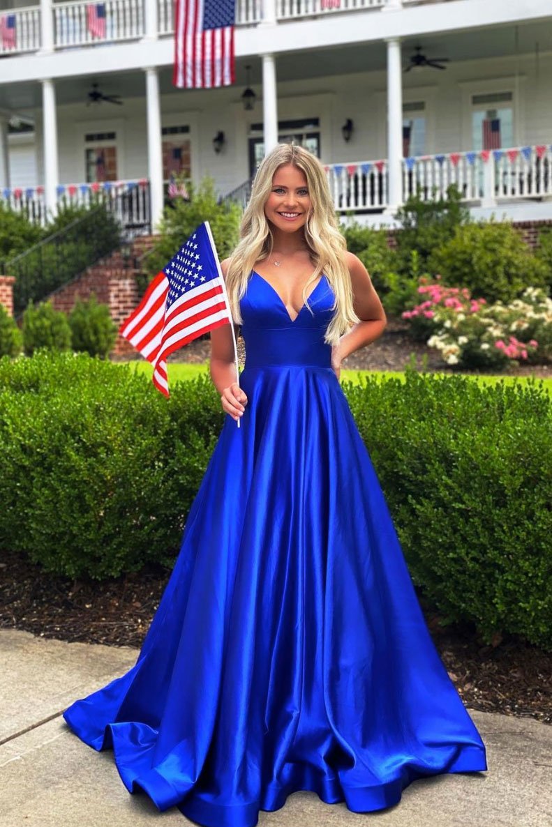 Simple blue v neck satin long prom dress blue evening dress,DS2108 – DSProm