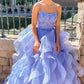 Lace-Up Back Lavender Long Prom Dress with Cascading Ruffles,DS3009