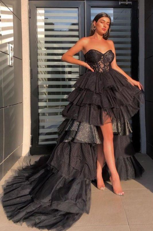 RUFFLES BLACK HI-LO TULLE SWEETHEART TIERED SEXY PROM DRESS,DS2974