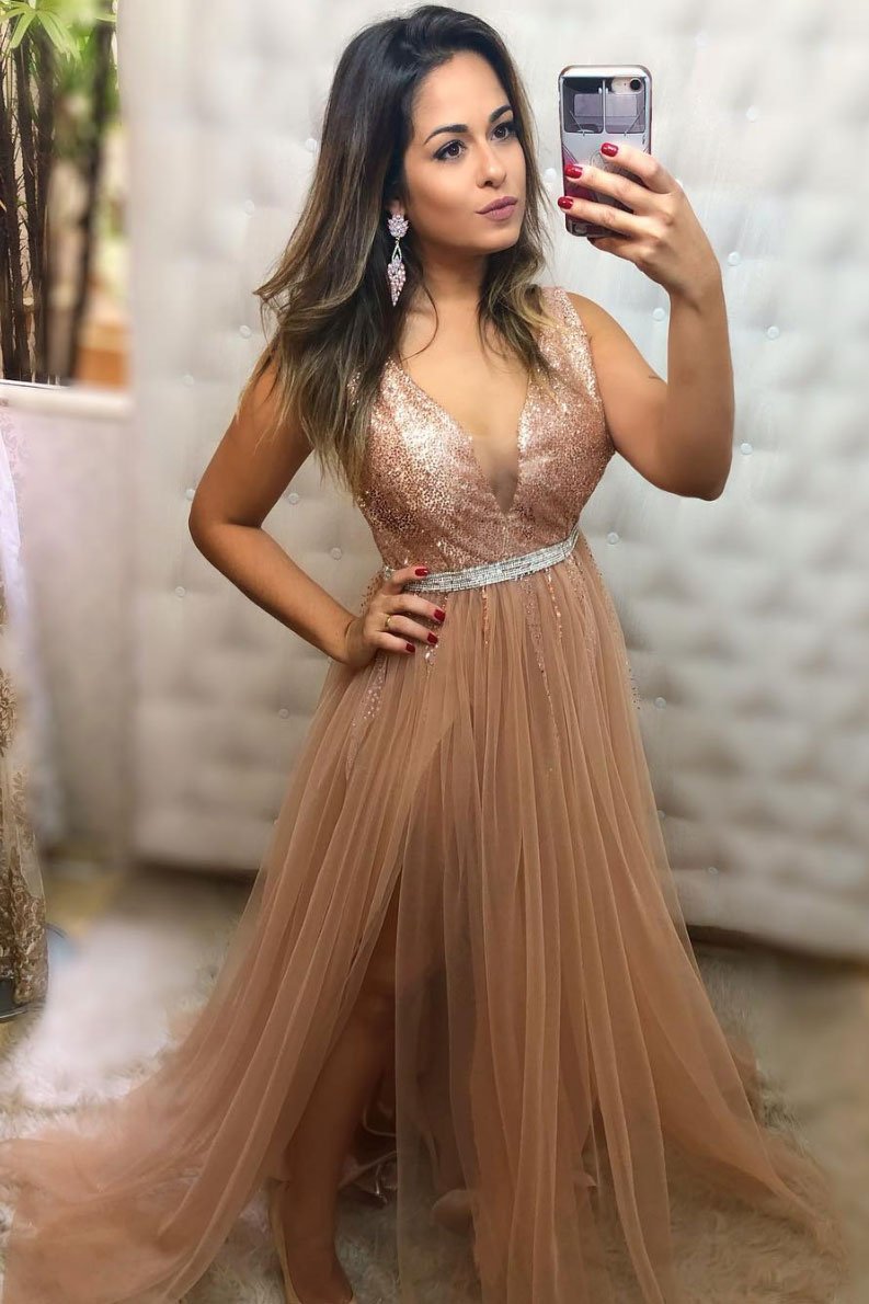 Champagne v neck tulle sequin long prom dress champagne evening dress,DS2120
