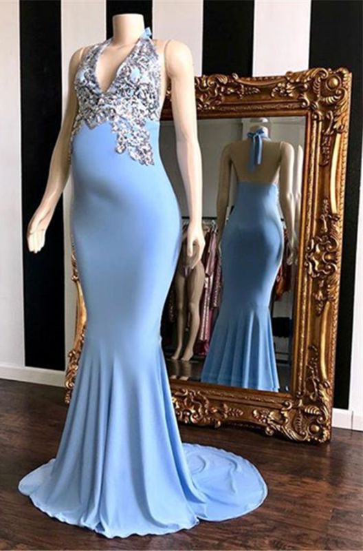 2022 Cheap Sheath Blue Halter Backless Beaded Maternity Prom Dresses,DS4499