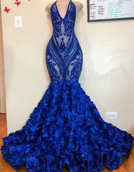 Royal Blue V-Neck Sleeveless Prom Dress Mermaid Bottom Flowers,DS5019
