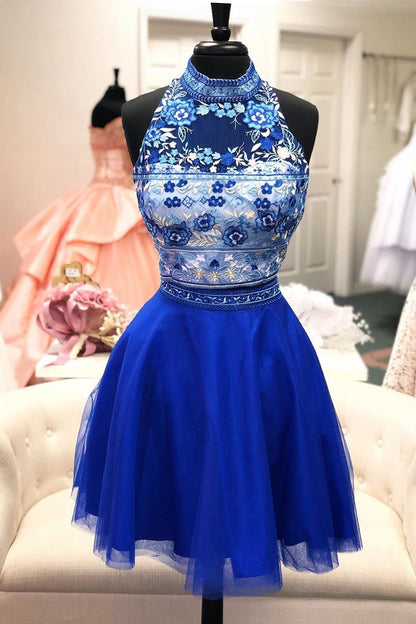 Halter Royal Blue Two Piece Floral Homecoming Dress,DS0857